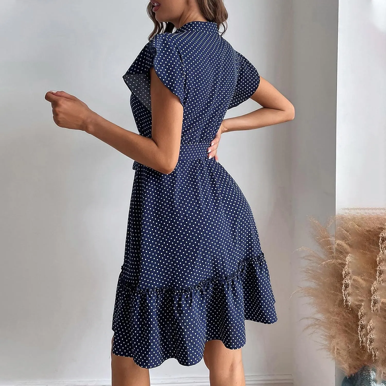 Women Summer Boho Mini Dresses Stand Collar Ruffle Sleeve Button Swing Hem Flowy Elegant A Line Dress with Belt