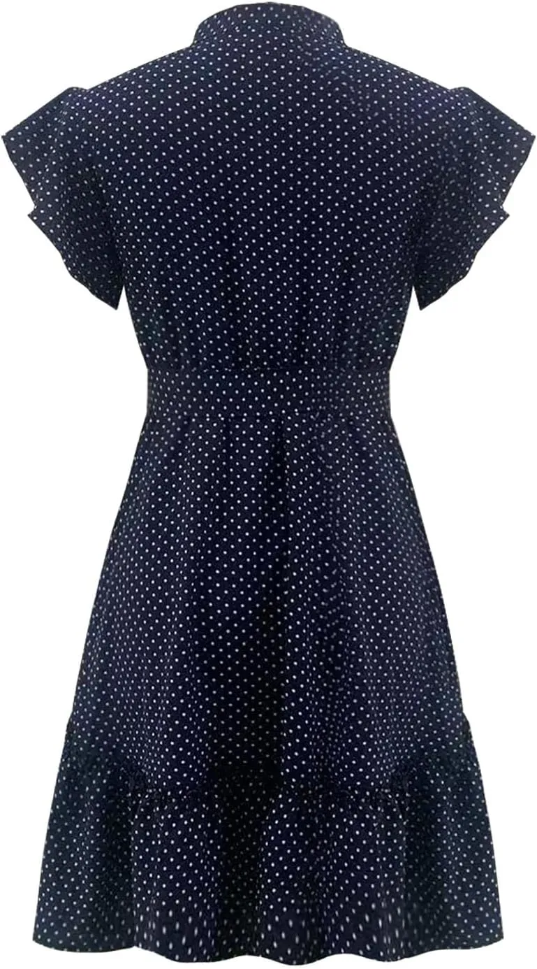 Women Summer Boho Mini Dresses Stand Collar Ruffle Sleeve Button Swing Hem Flowy Elegant A Line Dress with Belt