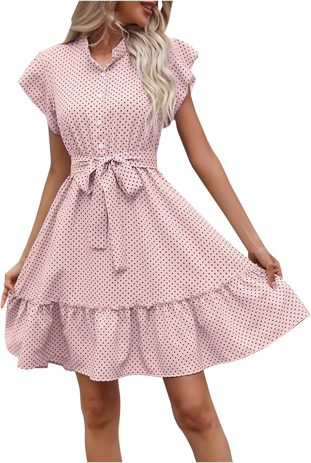 Women Summer Boho Mini Dresses Stand Collar Ruffle Sleeve Button Swing Hem Flowy Elegant A Line Dress with Belt