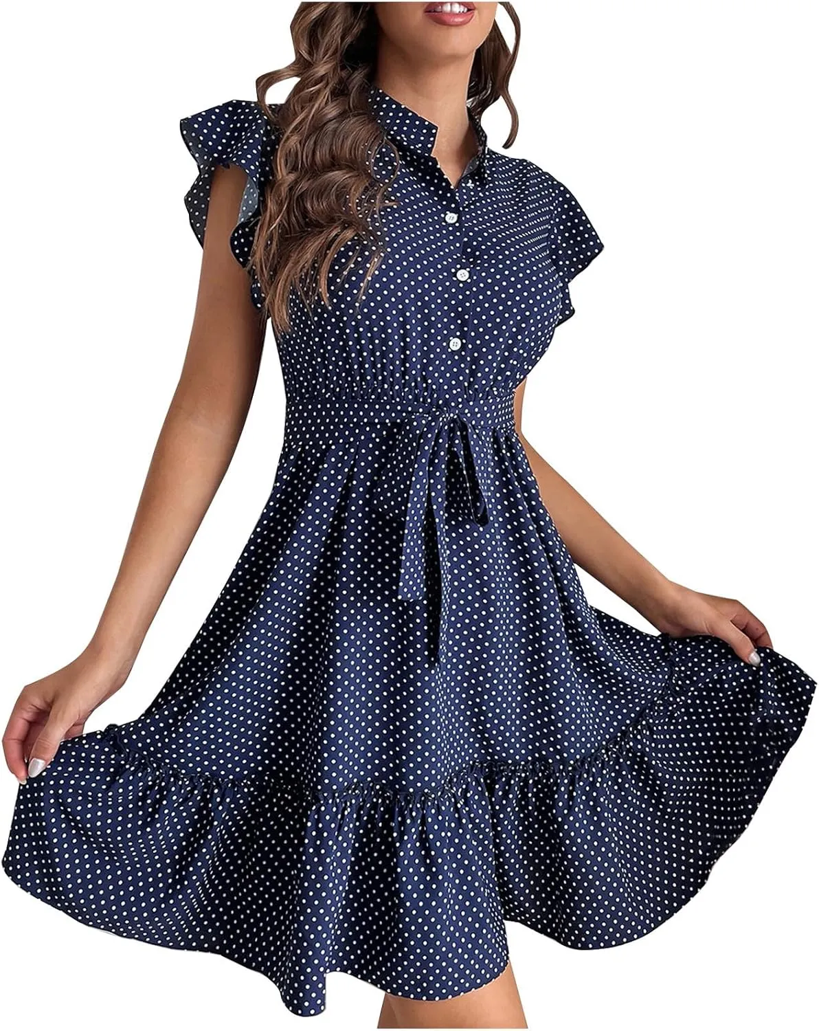 Women Summer Boho Mini Dresses Stand Collar Ruffle Sleeve Button Swing Hem Flowy Elegant A Line Dress with Belt