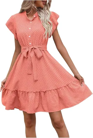 Women Summer Boho Mini Dresses Stand Collar Ruffle Sleeve Button Swing Hem Flowy Elegant A Line Dress with Belt