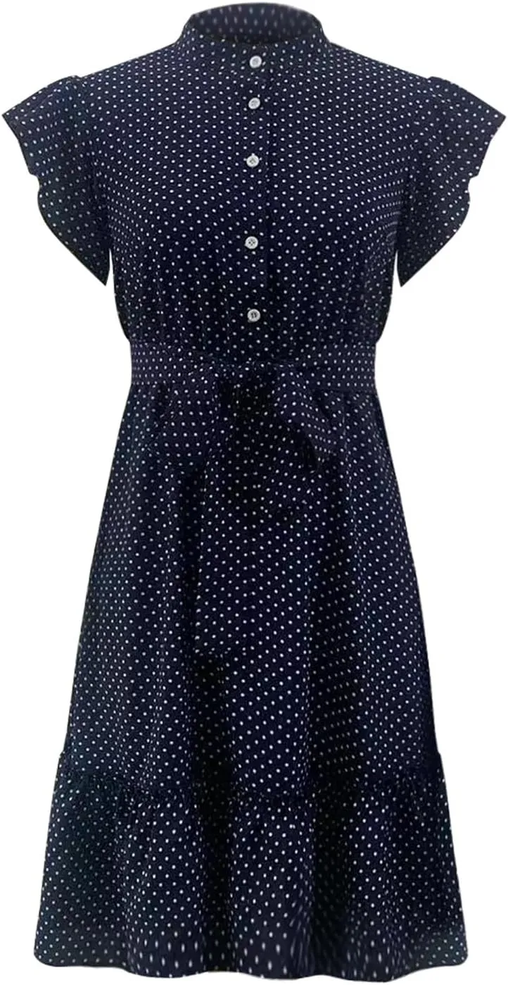 Women Summer Boho Mini Dresses Stand Collar Ruffle Sleeve Button Swing Hem Flowy Elegant A Line Dress with Belt