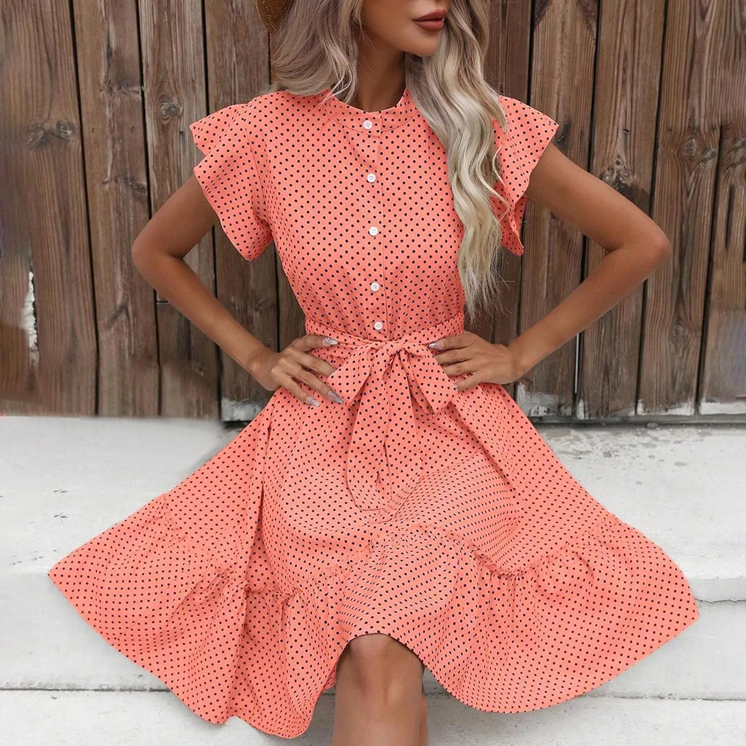 Women Summer Boho Mini Dresses Stand Collar Ruffle Sleeve Button Swing Hem Flowy Elegant A Line Dress with Belt