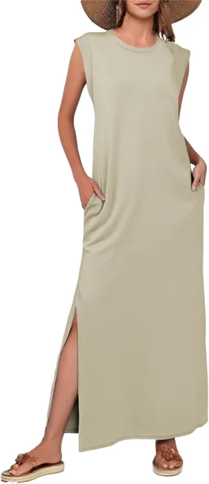 Women Summer Casual Dress Crew Neck Sleeveless Loose Split Long Maxi Beach Dress Travel Vacation Sundress with Pockets