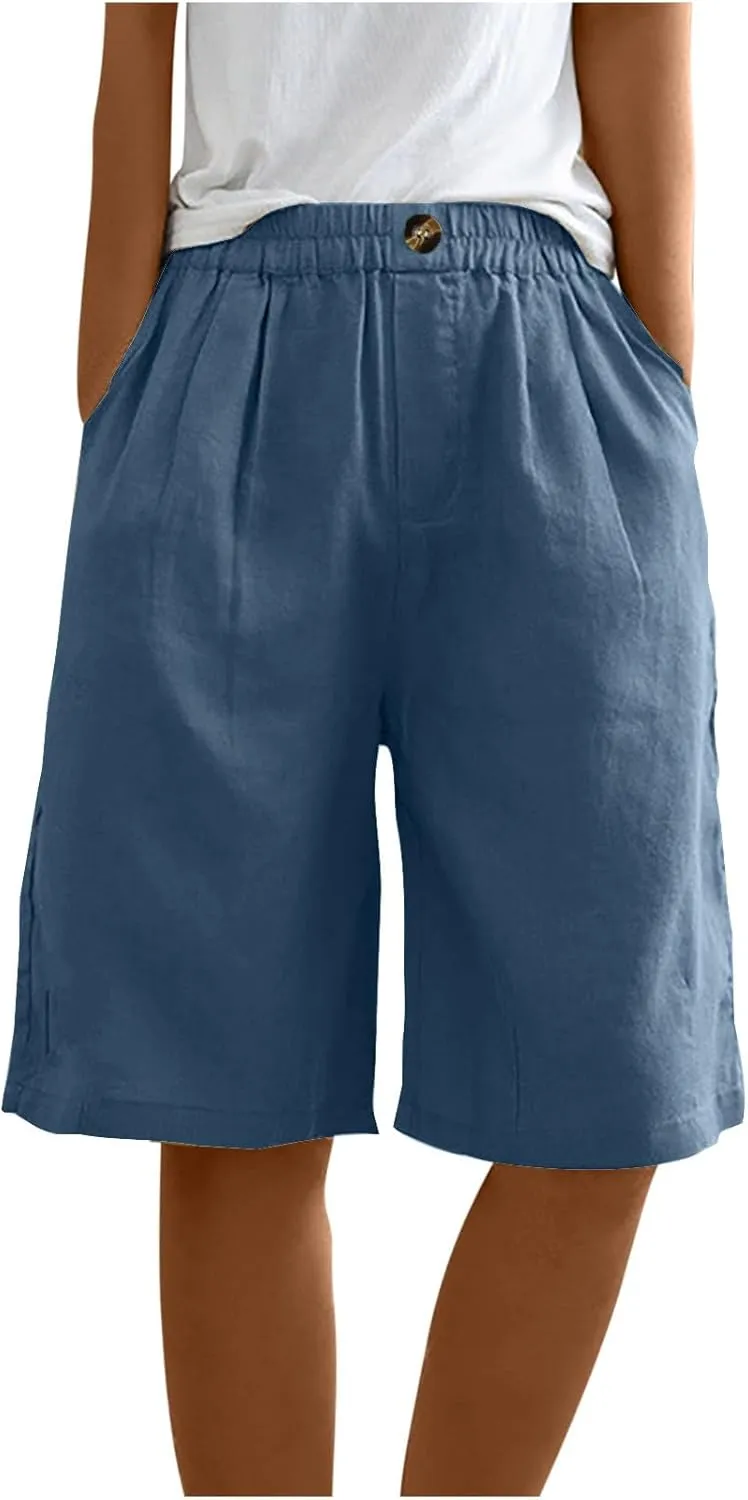 Women Summer Cotton Linen Bermuda Shorts Elastic Waist Wide Leg Shorts Loose Knee Length Shorts Casual Beach Shorts