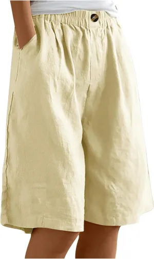 Women Summer Cotton Linen Bermuda Shorts Elastic Waist Wide Leg Shorts Loose Knee Length Shorts Casual Beach Shorts