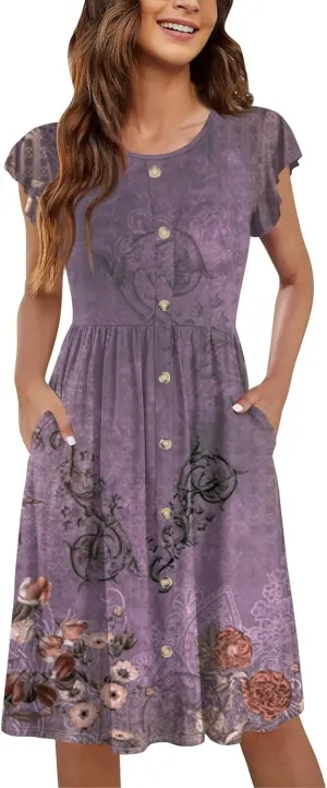 Women Summer Dresses Round Neck Summer Short Sleeve Casual Printed Loose Button Midi Beach Dresses with Pocket