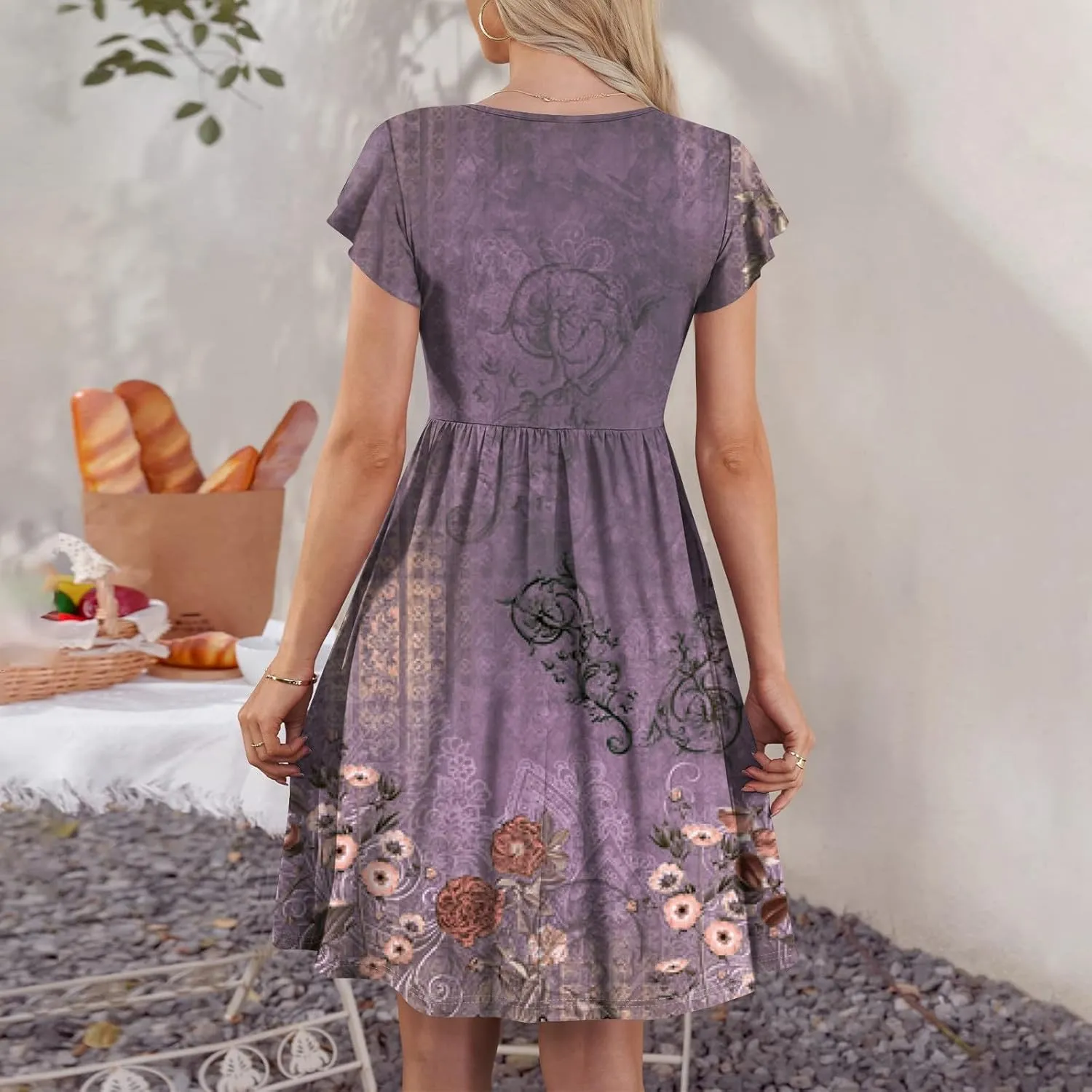 Women Summer Dresses Round Neck Summer Short Sleeve Casual Printed Loose Button Midi Beach Dresses with Pocket