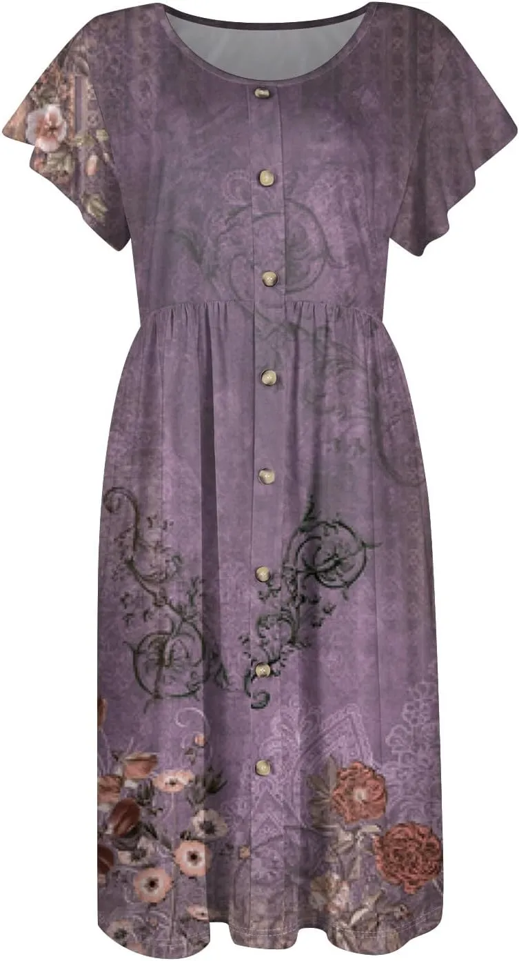 Women Summer Dresses Round Neck Summer Short Sleeve Casual Printed Loose Button Midi Beach Dresses with Pocket