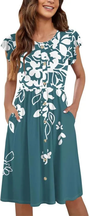 Women Summer Dresses Round Neck Summer Short Sleeve Casual Printed Loose Button Midi Beach Dresses with Pocket