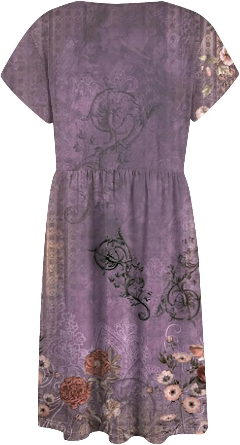 Women Summer Dresses Round Neck Summer Short Sleeve Casual Printed Loose Button Midi Beach Dresses with Pocket