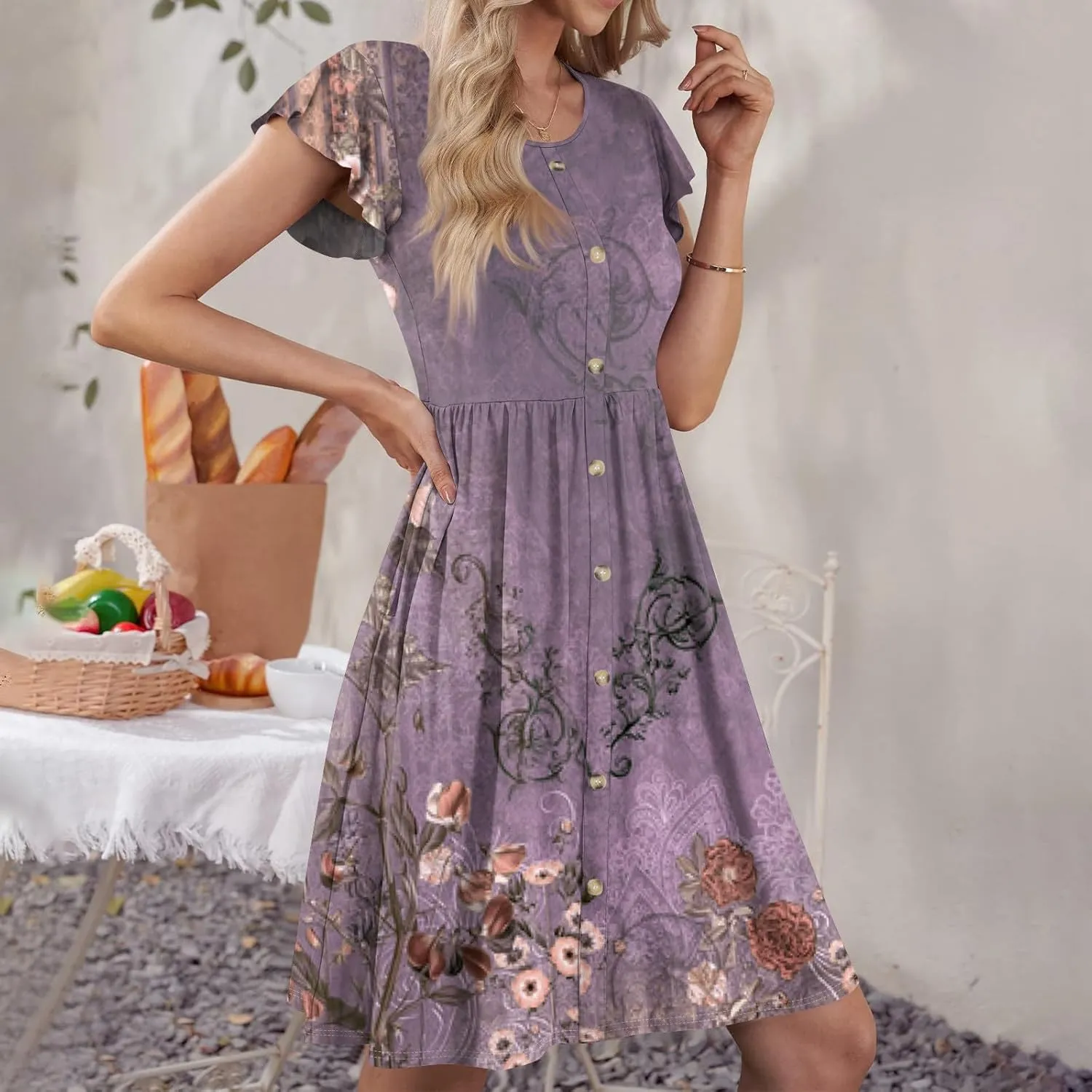 Women Summer Dresses Round Neck Summer Short Sleeve Casual Printed Loose Button Midi Beach Dresses with Pocket