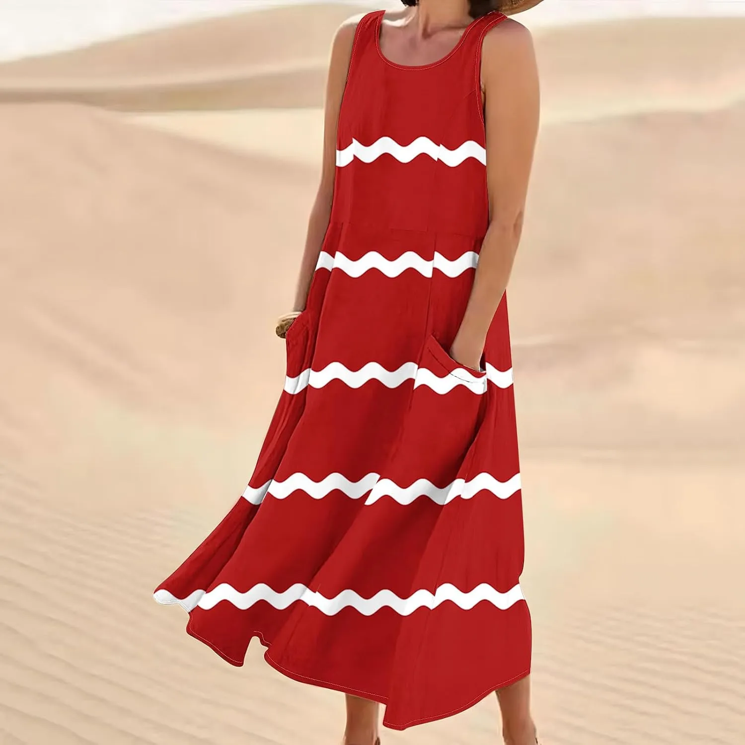 Women Summer Dresses Trendy Striped Grahpic Design Sundress Sleeveless Loose Casual Midi Dresse with Pockets