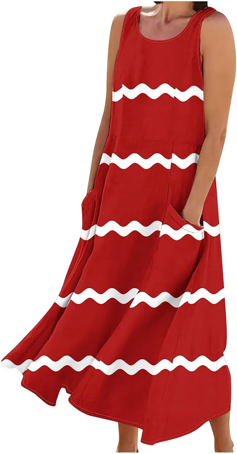 Women Summer Dresses Trendy Striped Grahpic Design Sundress Sleeveless Loose Casual Midi Dresse with Pockets