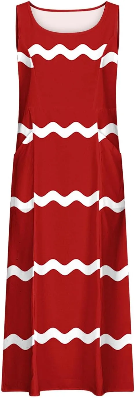 Women Summer Dresses Trendy Striped Grahpic Design Sundress Sleeveless Loose Casual Midi Dresse with Pockets