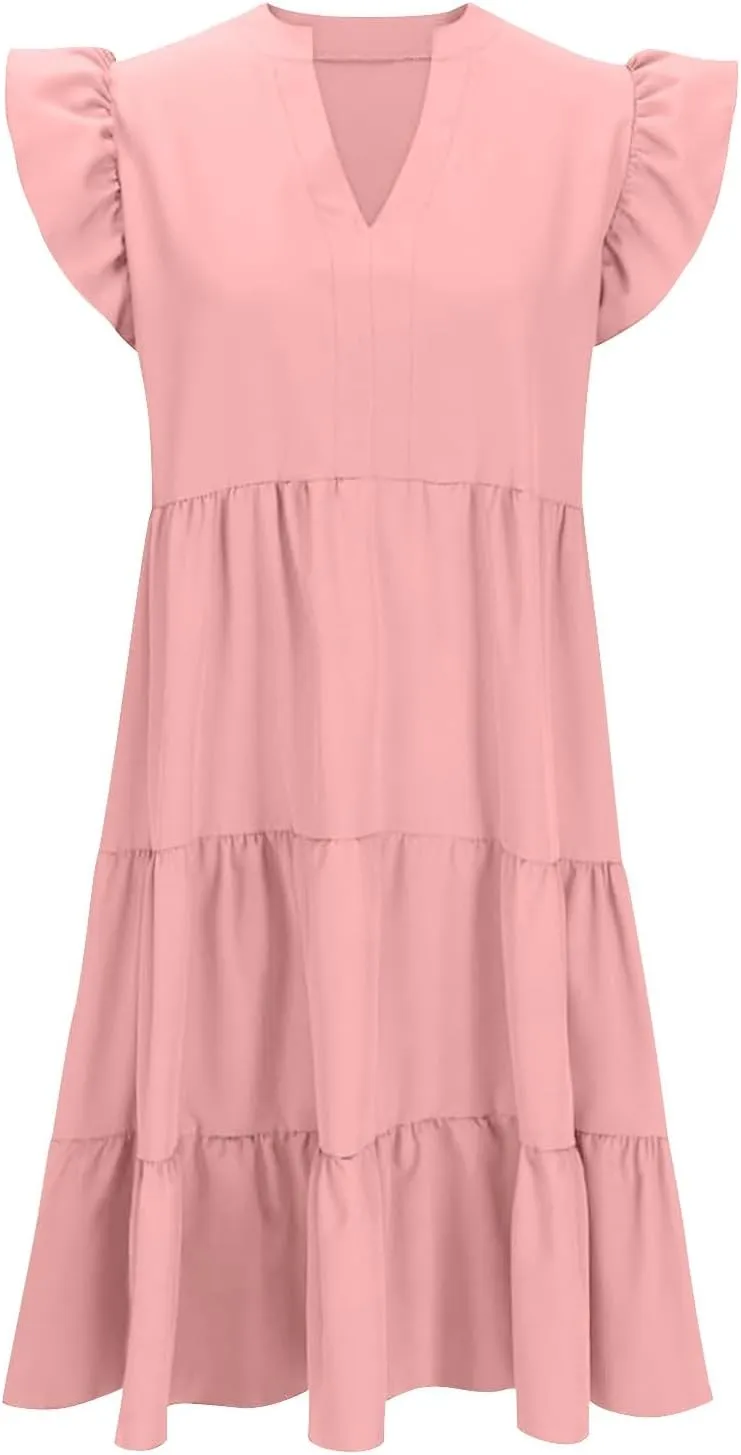Women Summer Flowy Dress Casual V Neck Dresses Ruffle Sleeve Dress Tiered Boho Dress Loose Beach Vacation Sundress