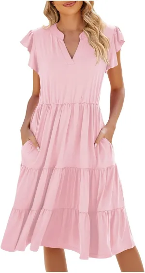 Women Summer Flowy Dress Casual V Neck Dresses Ruffle Sleeve Dress Tiered Boho Dress Loose Beach Vacation Sundress