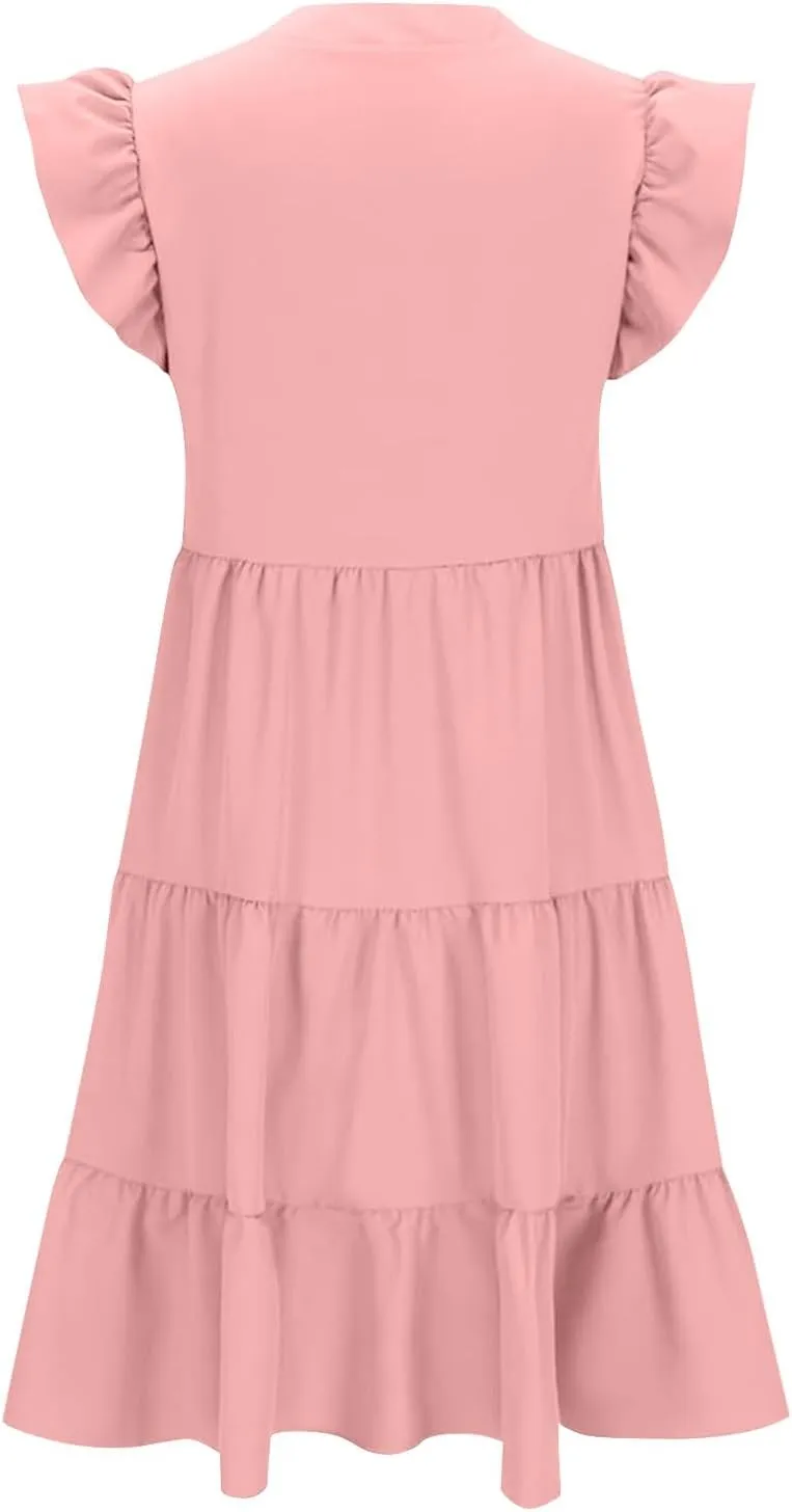 Women Summer Flowy Dress Casual V Neck Dresses Ruffle Sleeve Dress Tiered Boho Dress Loose Beach Vacation Sundress