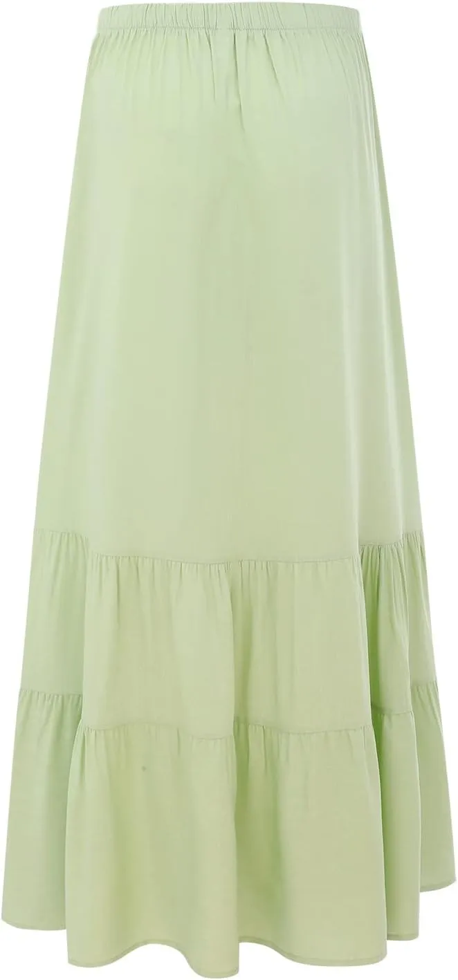 Women Summer High Waist Long Skirt Casual Solid Color Cotton Linen Pleated Skirt Loose Swing Beach Skirt