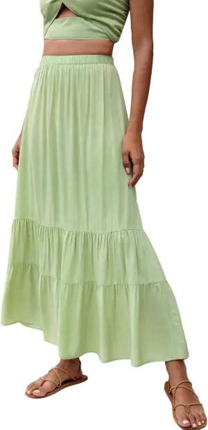 Women Summer High Waist Long Skirt Casual Solid Color Cotton Linen Pleated Skirt Loose Swing Beach Skirt