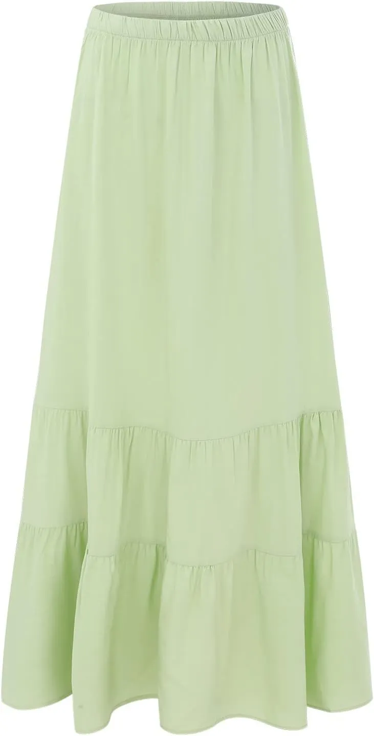 Women Summer High Waist Long Skirt Casual Solid Color Cotton Linen Pleated Skirt Loose Swing Beach Skirt