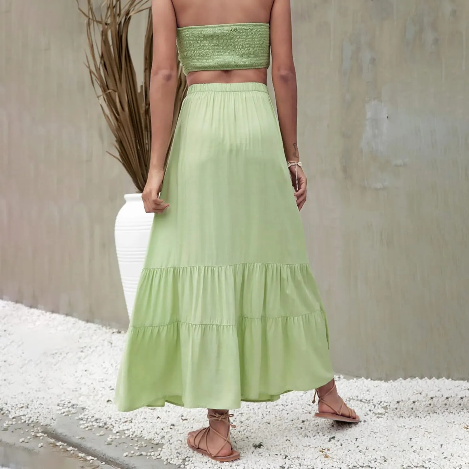 Women Summer High Waist Long Skirt Casual Solid Color Cotton Linen Pleated Skirt Loose Swing Beach Skirt