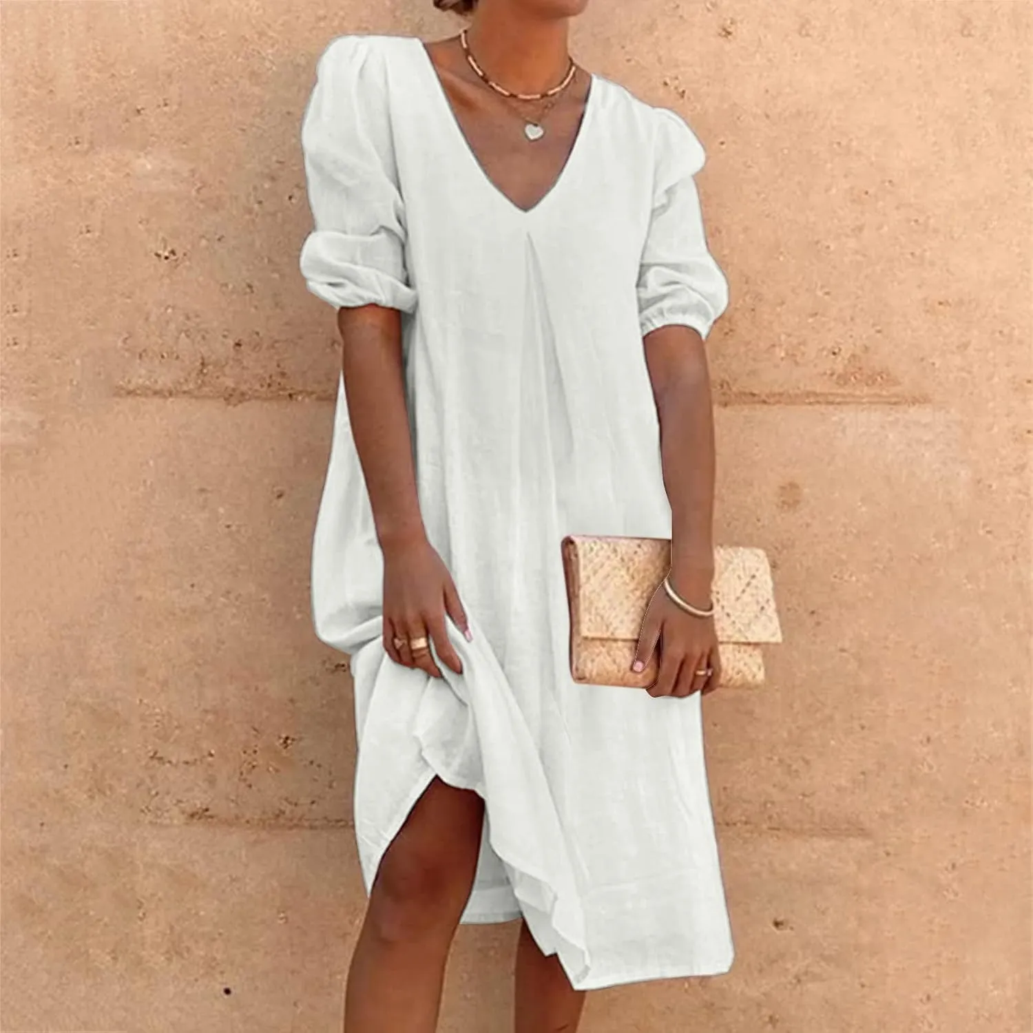 Women Summer Linen Casual Dress Puff Sleeve V Neck Knee Length Flowy Swing Loose Dresses Plus Size