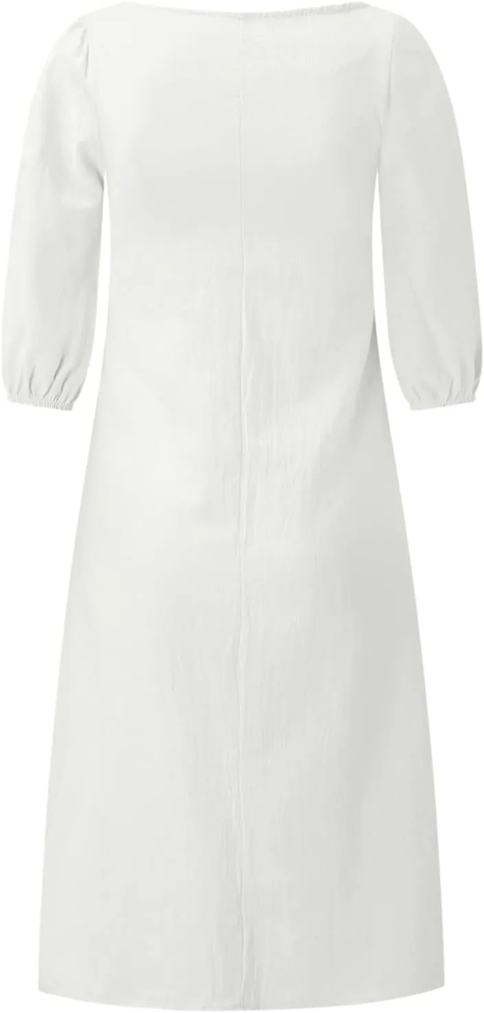 Women Summer Linen Casual Dress Puff Sleeve V Neck Knee Length Flowy Swing Loose Dresses Plus Size