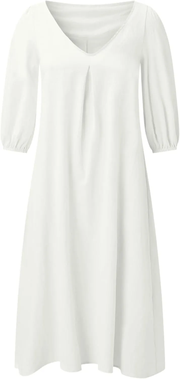 Women Summer Linen Casual Dress Puff Sleeve V Neck Knee Length Flowy Swing Loose Dresses Plus Size