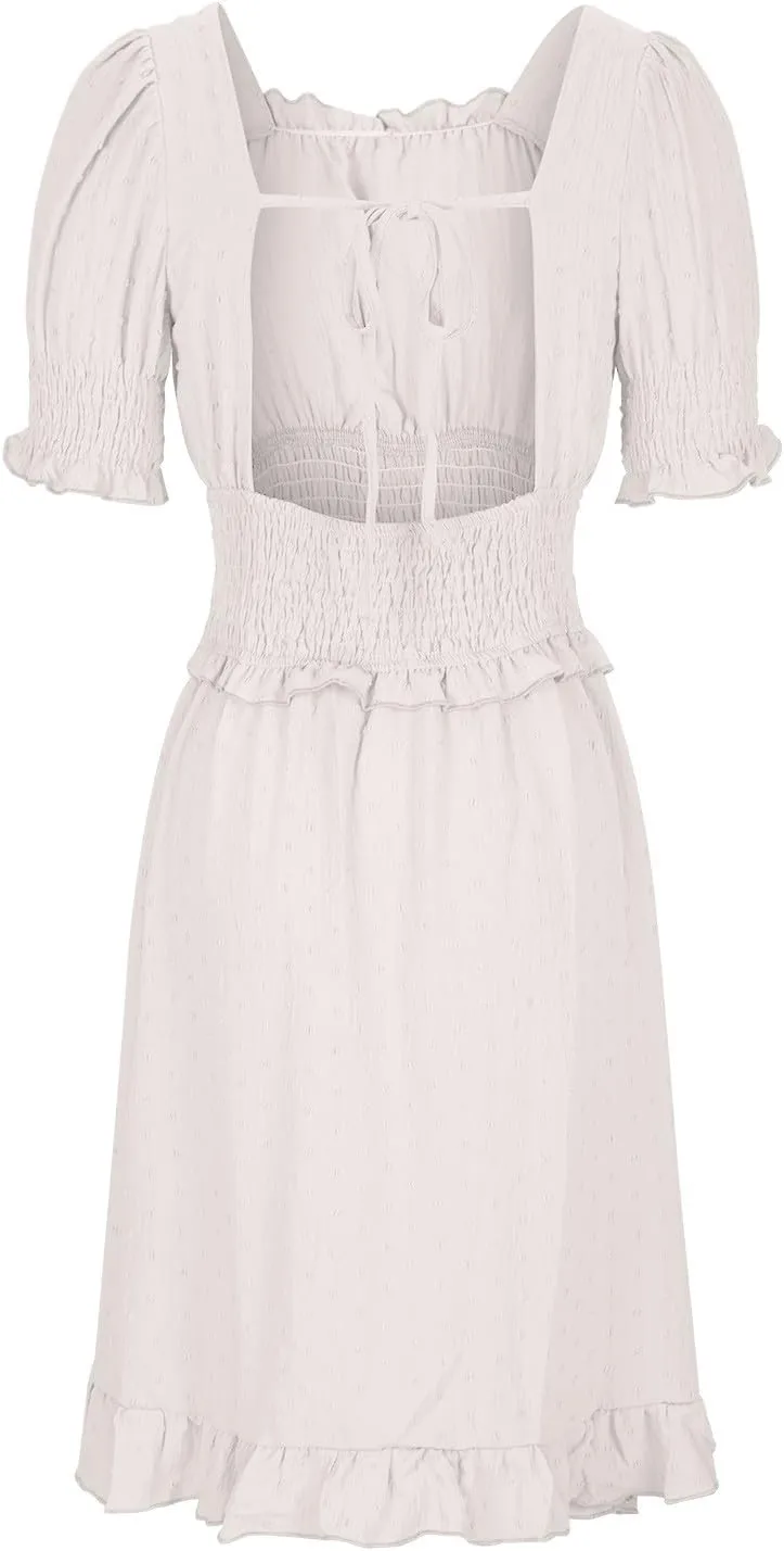 Women Summer Swiss Dot Mini Dress Puff Short Sleeve Square Neck Tie Backless Smocked Waist Ruffle Hem A Line Dresses