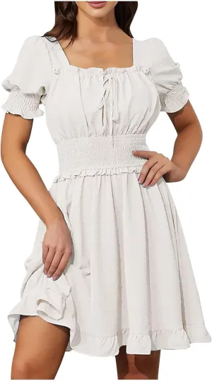Women Summer Swiss Dot Mini Dress Puff Short Sleeve Square Neck Tie Backless Smocked Waist Ruffle Hem A Line Dresses