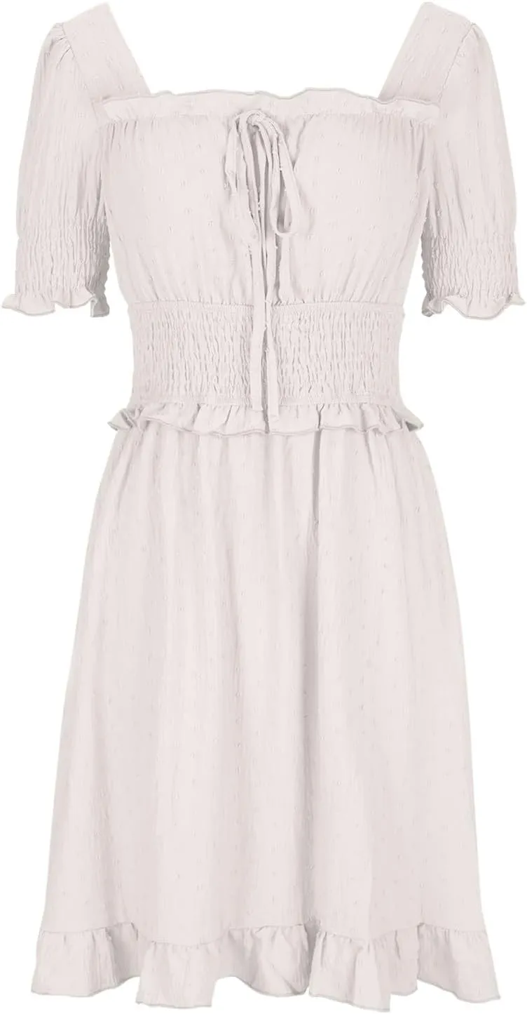 Women Summer Swiss Dot Mini Dress Puff Short Sleeve Square Neck Tie Backless Smocked Waist Ruffle Hem A Line Dresses