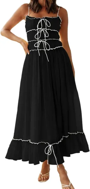 Women Summer Y2k Long Skirts, Corset Tube Ruffled Trim Ruched Princess Midi Dress