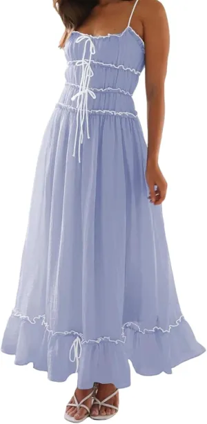 Women Summer Y2k Long Skirts, Corset Tube Ruffled Trim Ruched Princess Midi Dress
