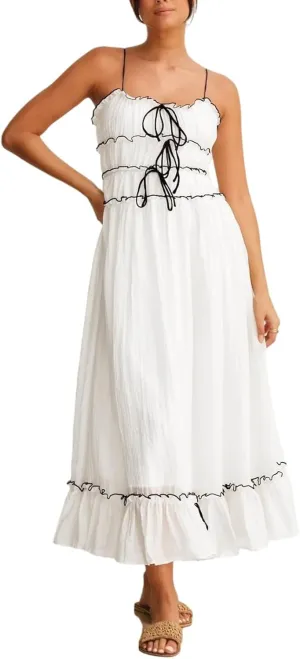 Women Summer Y2k Long Skirts, Corset Tube Ruffled Trim Ruched Princess Midi Dress