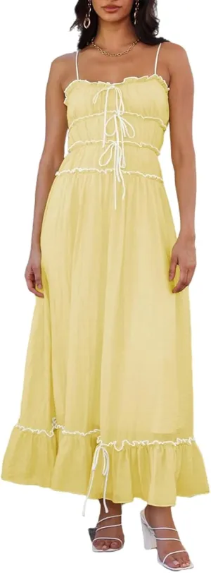 Women Summer Y2k Long Skirts, Corset Tube Ruffled Trim Ruched Princess Midi Dress