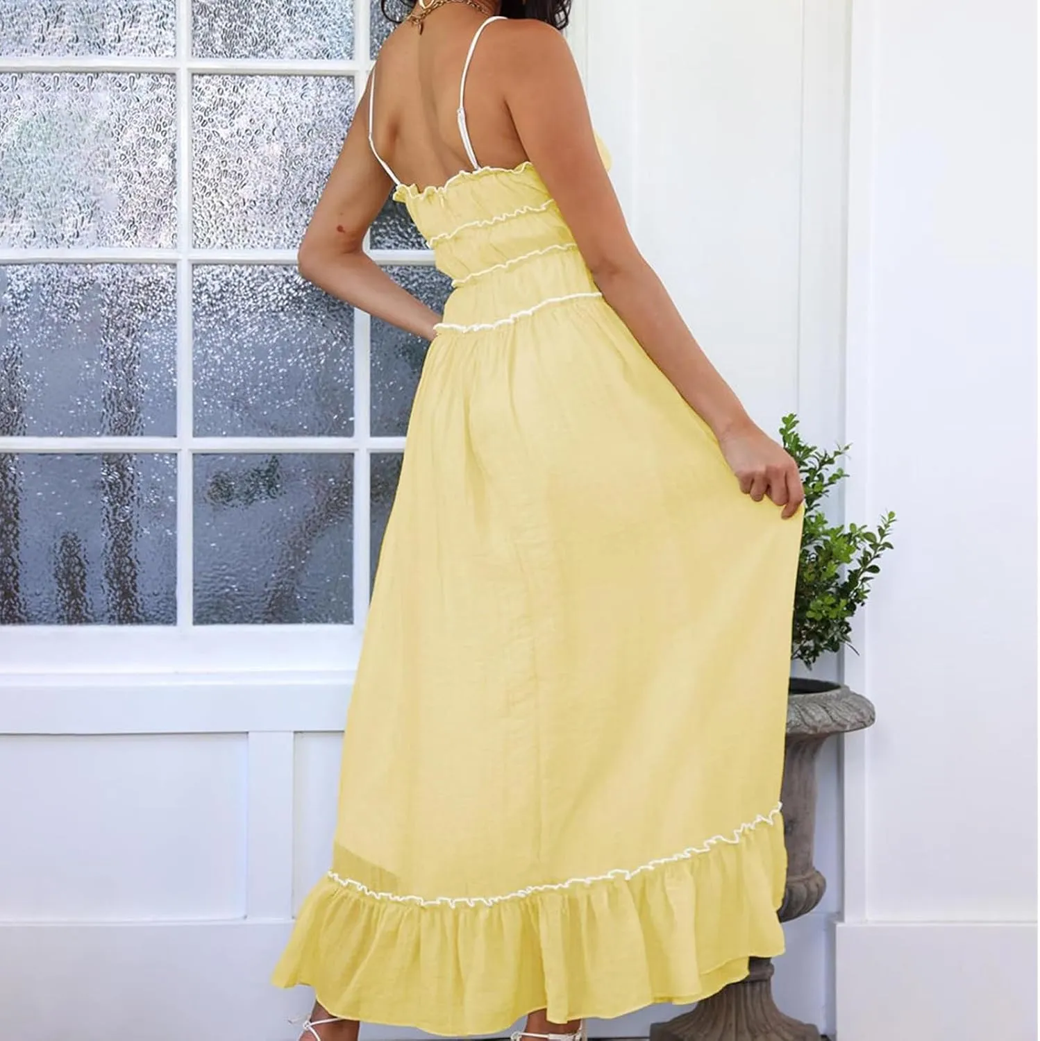 Women Summer Y2k Long Skirts, Corset Tube Ruffled Trim Ruched Princess Midi Dress
