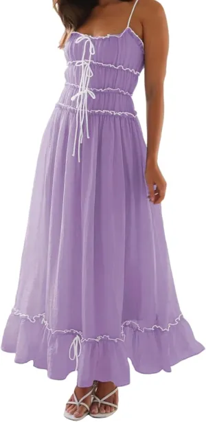 Women Summer Y2k Long Skirts, Corset Tube Ruffled Trim Ruched Princess Midi Dress