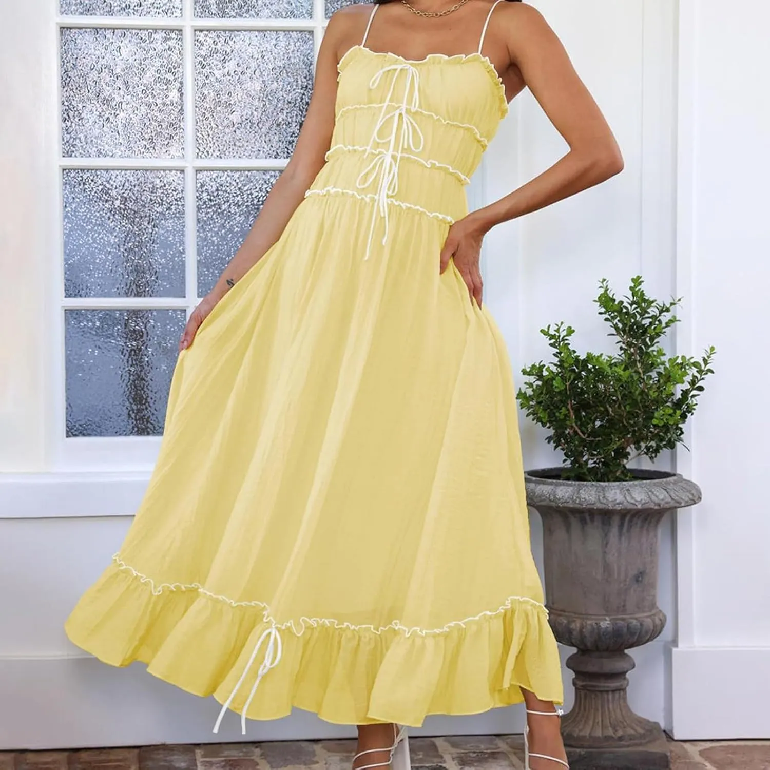 Women Summer Y2k Long Skirts, Corset Tube Ruffled Trim Ruched Princess Midi Dress