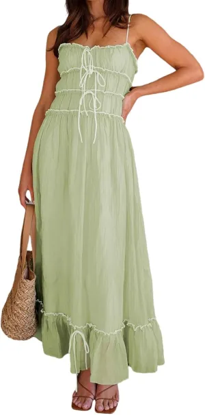 Women Summer Y2k Long Skirts, Corset Tube Ruffled Trim Ruched Princess Midi Dress