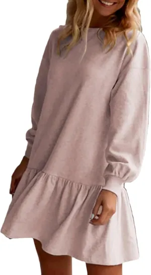 Women Sweatshirt Dress Long Sleeve Crewneck Pullover Fall Babydoll Dressy Tops Flowy Ruffled Sweatshirt Mini Dresses
