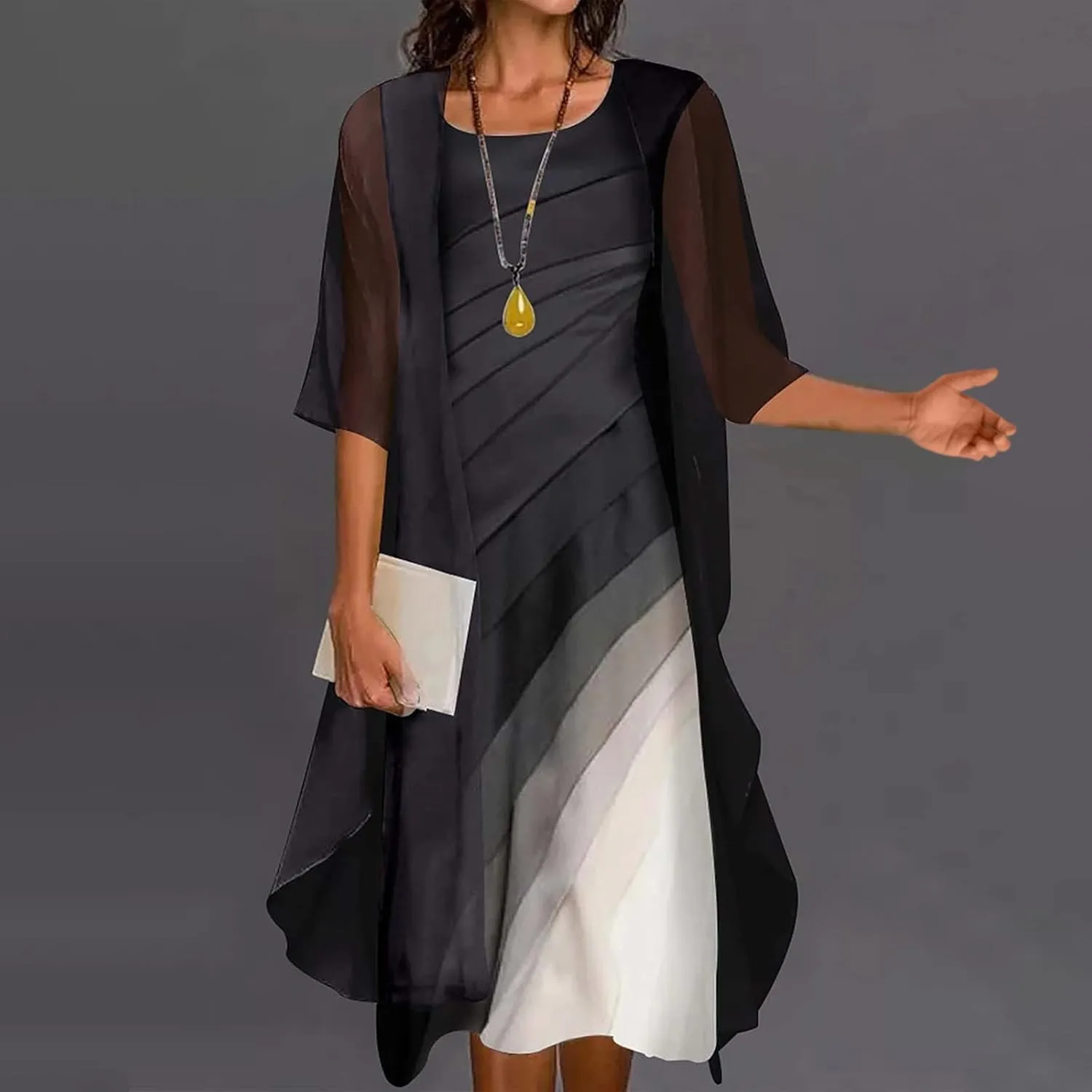 Women Two Piece Outfits Sleeveless Floral Print Long Dress with Cardigan Loose Casual Crew Neck Flowy Maxi Dress