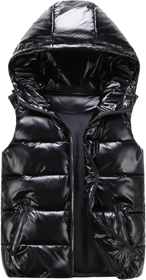 Women Winter Solid Color Full Zip Up Vest Jacket Sleeveless Lightweight Down Puffer Hooded Jacket with Zipper Pockets