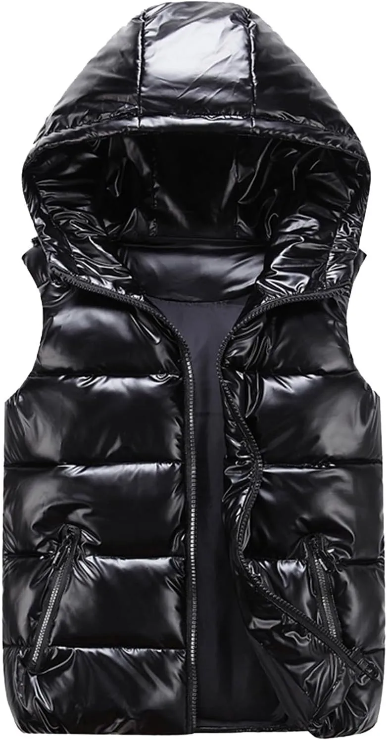 Women Winter Solid Color Full Zip Up Vest Jacket Sleeveless Lightweight Down Puffer Hooded Jacket with Zipper Pockets