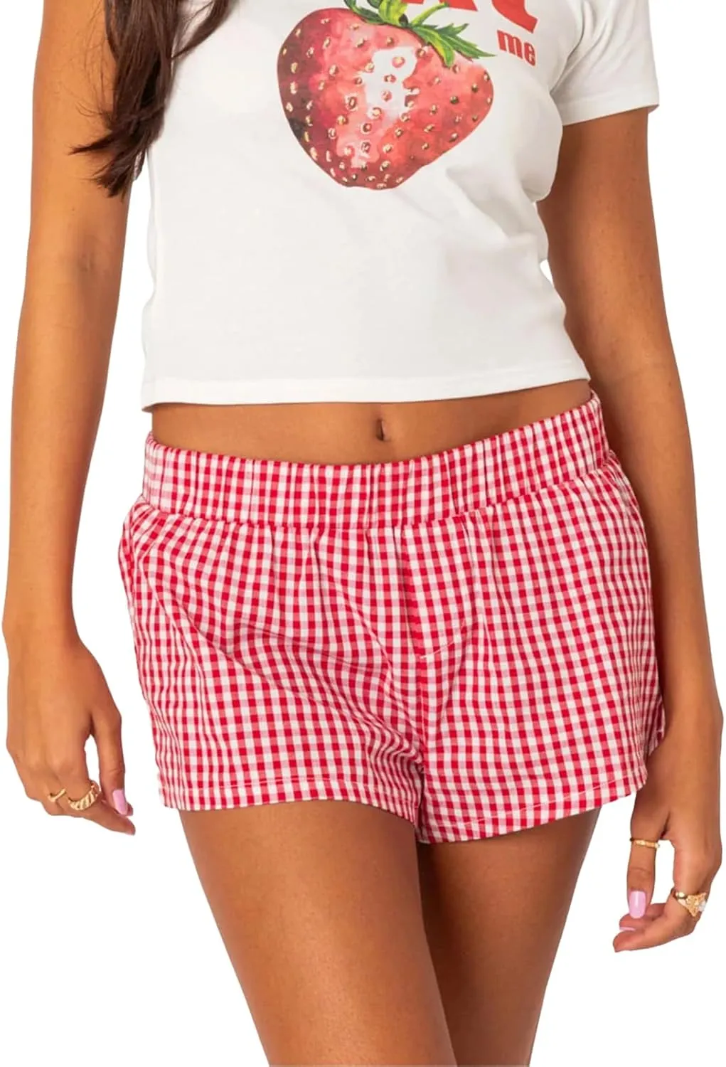 Women Y2k Boxer Shorts Plaid Elastic Waist Wide Leg Lounge Shorts Gingham Pjs Shorts Checkered Micro Shorts Bottoms