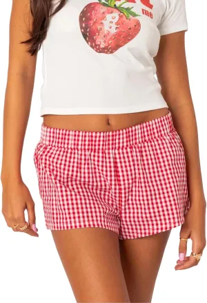 Women Y2k Boxer Shorts Plaid Elastic Waist Wide Leg Lounge Shorts Gingham Pjs Shorts Checkered Micro Shorts Bottoms