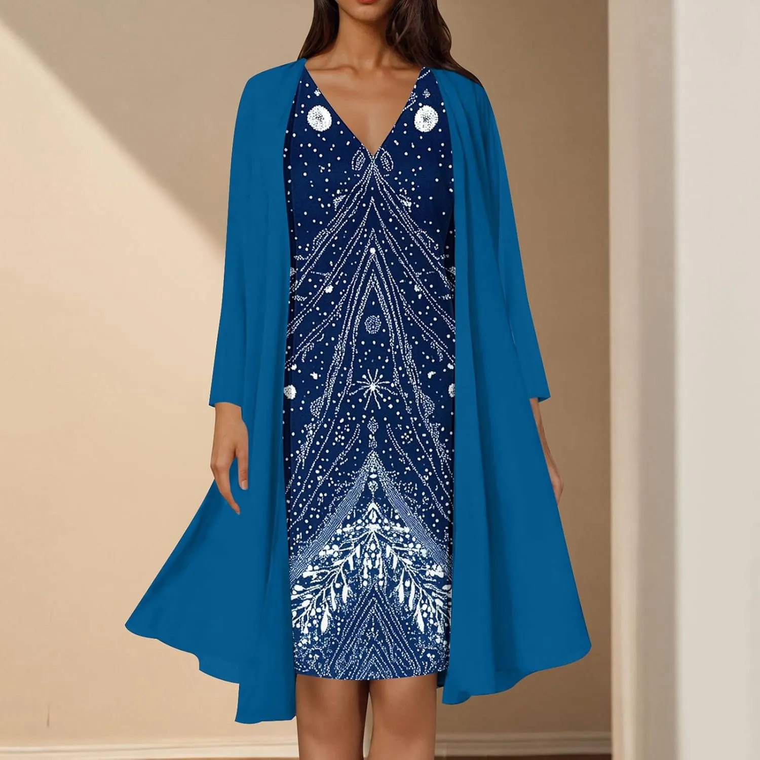 Womens 2 Piece Sets Mother of The Bride Dresses Wedding Guest Long Sleeve Chiffon Formal Evening Dress with Cardigan