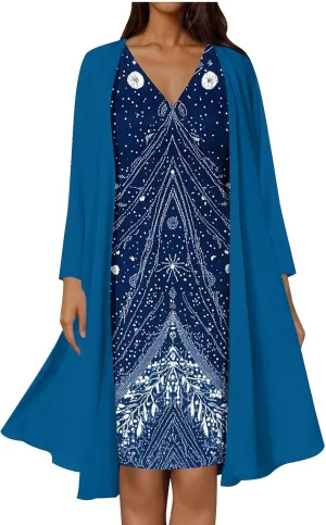 Womens 2 Piece Sets Mother of The Bride Dresses Wedding Guest Long Sleeve Chiffon Formal Evening Dress with Cardigan