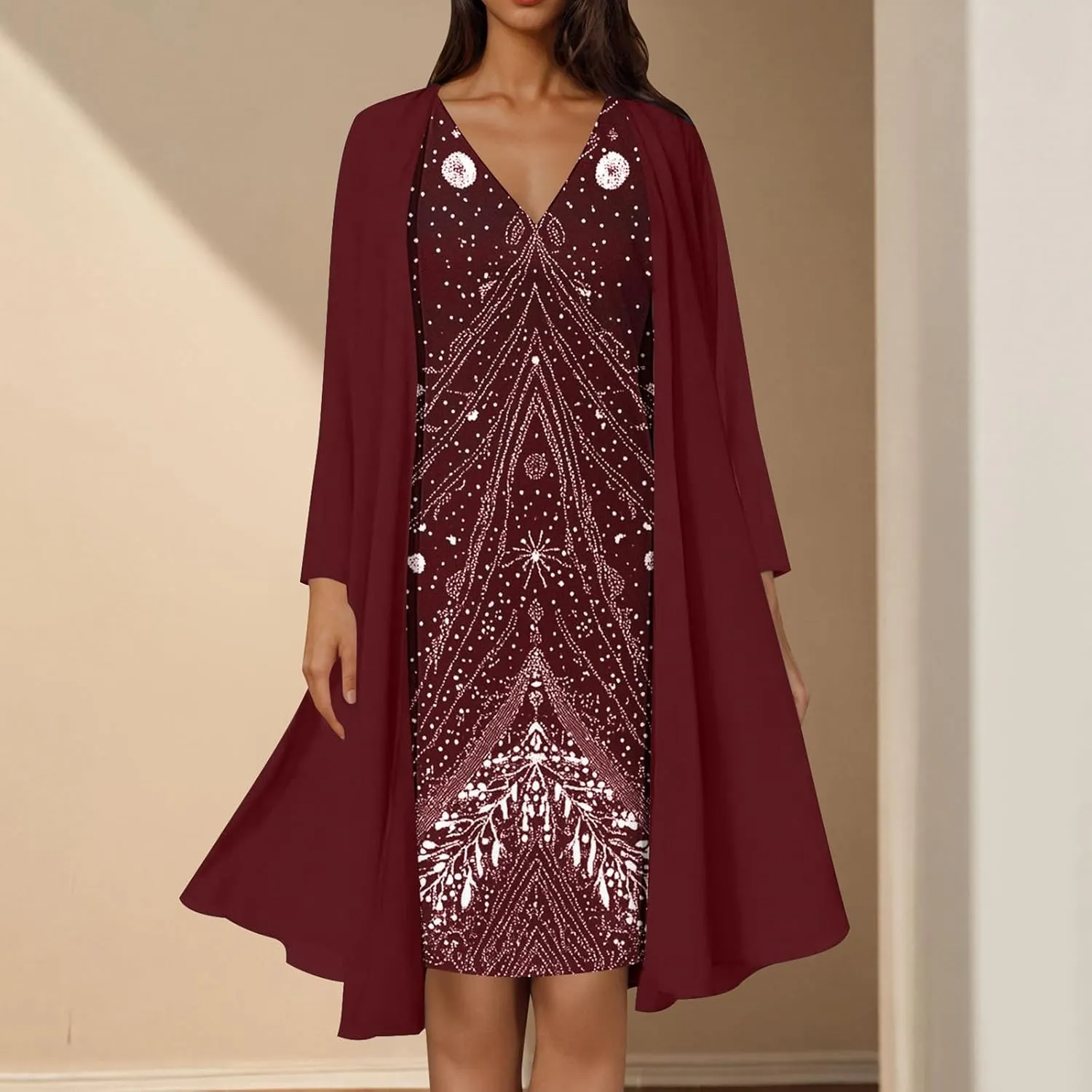 Womens 2 Piece Sets Mother of The Bride Dresses Wedding Guest Long Sleeve Chiffon Formal Evening Dress with Cardigan