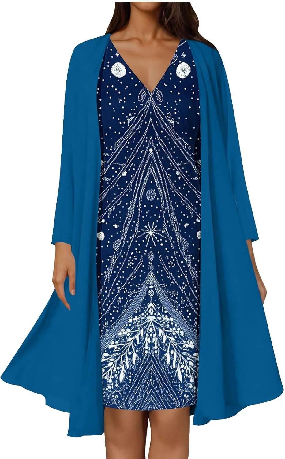 Womens 2 Piece Sets Mother of The Bride Dresses Wedding Guest Long Sleeve Chiffon Formal Evening Dress with Cardigan